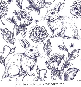 seamless pattern with Easter bunnies and flowers, in vintage style. sketch
