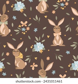 Seamless pattern with Easter bunnies and flowers. Printing on fabric is possible. Vector illustration