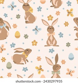 Seamless pattern with Easter bunnies and holiday symbols. Vector illustration