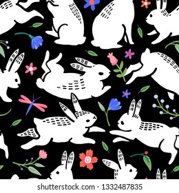 Seamless pattern. Easter bunnies on a flower meadow. Simple flowers. Hand drawn illustration. Happy easter!