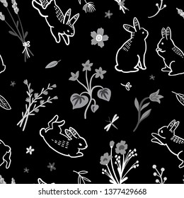 Seamless pattern. Easter bunnies on a flower meadow. Bunnies and wildflowers. Simple wildflowers ornament. Hand drawn illustration. Happy easter!