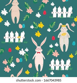 seamless pattern with easter bunnies. Vector spring illustration.