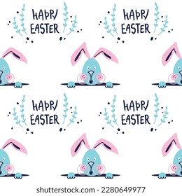 Seamless pattern with easter bunnies and welcome text for printing on textiles and packaging. Cute hares peeking out of the hole. Flat illustration. Spring holiday. Delicate pastel print.