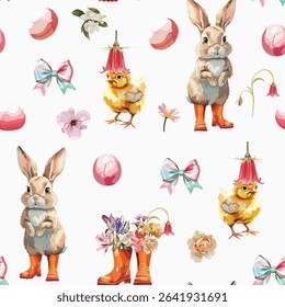 Seamless pattern with Easter bunny, baby chicken, flowers, eggs in watercolour style. Happy esater concept. Spring flowers, eggs, grass.