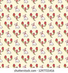 Seamless pattern - Easter bunny with a bow and a bouquet of red tulips. Festive picture on a bright yellow background. Printing for printing on fabric, paper, packaging. Vector illustration