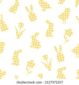 Seamless pattern Easter Bunny Buffalo plaid Chicks flowers vector illustration