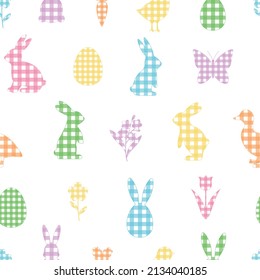 Seamless pattern Easter bunny buffalo checkered chickens flowers vector illustration