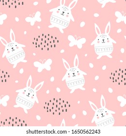 Seamless pattern with easter bunny and butterflies. Flat style. Vector illustration.