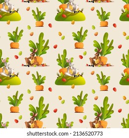Seamless pattern with Easter bunny, carrots and colored eggs for Easter. Perfect for product design, wallpaper, scrapbooking, textile, wrapping paper.