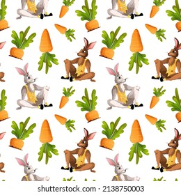 Seamless pattern with Easter bunny and carrots. Perfect for product design, wallpaper, scrapbooking, textile, wrapping paper.