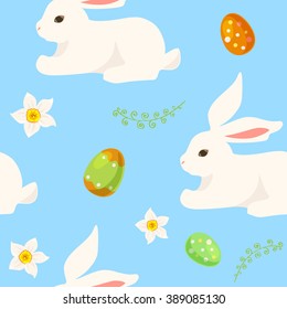 Seamless pattern of the easter bunny, color eggs, flowers and green branches. Vector illustration on the color blue background.