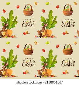 Seamless pattern with Easter bunny and colored eggs for Easter. Perfect for product design, wallpaper, scrapbooking, textile, wrapping paper.