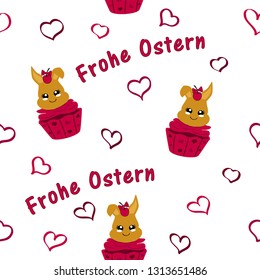 seamless pattern with easter bunny in cupcake with cherry. Text, Happy Easter, in German. Kawaii style, Vector eps 10