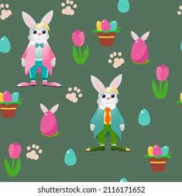 Seamless pattern Easter bunny and decorative egg with ears and decorative flowerpot tulip and rabbit footprint on a green background. Joyful spring mood.