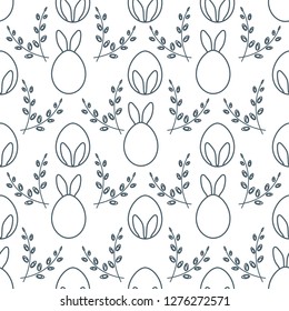 Seamless pattern with Easter Bunny ears, eggs, willow branches. Happy Easter. Festive background. Design for banner, poster or print.