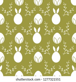 Seamless pattern with Easter Bunny ears, eggs, willow branches. Happy Easter. Festive background. Design for banner, poster or print.