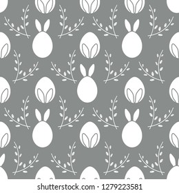 Seamless pattern with Easter Bunny ears, eggs, willow branches. Happy Easter. Festive background. Design for banner, poster or print.