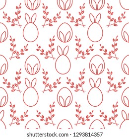 Seamless pattern with Easter Bunny ears, eggs, willow branches. Happy Easter. Festive background. Design for banner, poster or print.