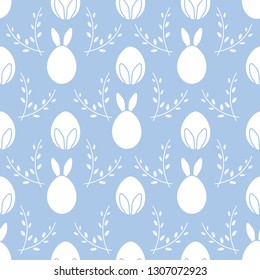 Seamless pattern with Easter Bunny ears, eggs, willow branches. Happy Easter. Festive background. Design for banner, poster or print.