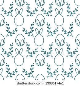 Seamless pattern with Easter Bunny ears, eggs, willow branches. Happy Easter. Festive background. Design for banner, poster or print.