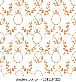 Seamless pattern with Easter Bunny ears, eggs, willow branches. Happy Easter. Festive background. Design for banner, poster or print.