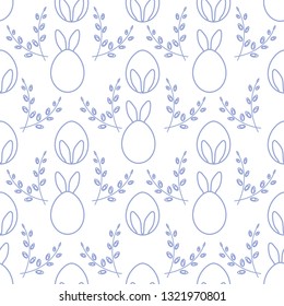 Seamless pattern with Easter Bunny ears, eggs, willow branches. Happy Easter. Festive background. Design for banner, poster or print.