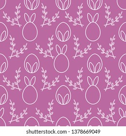 Seamless pattern with Easter Bunny ears, eggs, willow branches. Happy Easter. Festive background. Design for banner, poster or print.