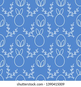 Seamless pattern with Easter Bunny ears, eggs, willow branches. Happy Easter. Festive background. Design for banner, poster or print.