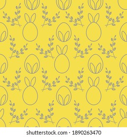 Seamless pattern with Easter Bunny ears, eggs, willow branches. Happy Easter. Festive background. Design for banner, poster or print. Illuminating and Ultimate Gray.