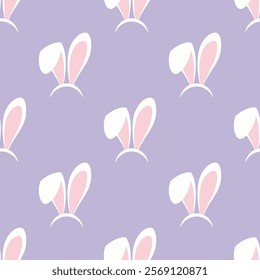 seamless pattern with easter bunny ears mask on purple background, flat vector illustration