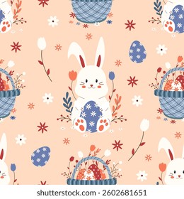 Seamless pattern with an Easter bunny and an egg. Vector illustration