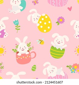 Seamless pattern with Easter bunny and eggs. Ideal for fabric, textile, wallpaper, web sites, greeting card, invitation.