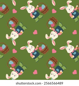 Seamless pattern, Easter bunny with eggs, heart, vector