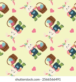Seamless pattern, Easter bunny with eggs, heart, vector