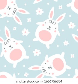 Seamless pattern with easter bunny and flowers. Flat style. Vector illustration.