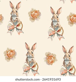 Seamless pattern with Easter bunny, flowers, eggs in watercolour style. Happy esater concept. Spring flowers, eggs, grass.