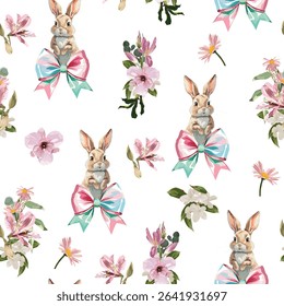 Seamless pattern with Easter bunny, flowers, eggs in watercolour style. Happy esater concept. Spring flowers, eggs, grass.