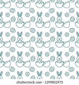 Seamless pattern with Easter Bunny looking out of an egg and decorated eggs. Happy Easter. Festive background. Design for banner, poster or print.