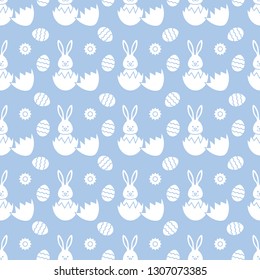 Seamless pattern with Easter Bunny looking out of an egg and decorated eggs. Happy Easter. Festive background. Design for banner, poster or print.