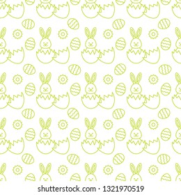 Seamless pattern with Easter Bunny looking out of an egg and decorated eggs. Happy Easter. Festive background. Design for banner, poster or print.