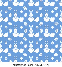 Seamless pattern with Easter Bunny looking out of an egg and decorated eggs. Happy Easter. Festive background. Design for banner, poster or print.