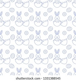 Seamless pattern with Easter Bunny looking out of an egg and decorated eggs. Happy Easter. Festive background. Design for banner, poster or print.