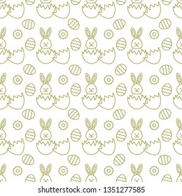 Seamless pattern with Easter Bunny looking out of an egg and decorated eggs. Happy Easter. Festive background. Design for banner, poster or print.