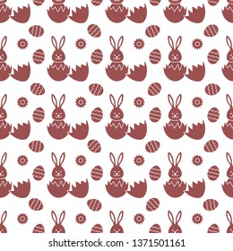 Seamless pattern with Easter Bunny looking out of an egg and decorated eggs. Happy Easter. Festive background. Design for banner, poster or print.