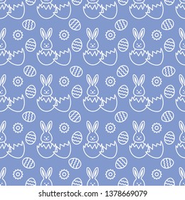 Seamless pattern with Easter Bunny looking out of an egg and decorated eggs. Happy Easter. Festive background. Design for banner, poster or print.