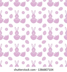 Seamless pattern with Easter Bunny looking out of an egg and decorated eggs. Happy Easter. Festive background. Design for banner, poster or print.