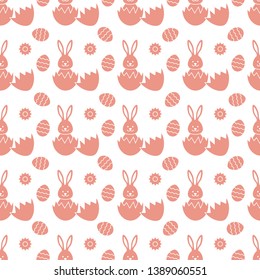 Seamless pattern with Easter Bunny looking out of an egg and decorated eggs. Happy Easter. Festive background. Design for banner, poster or print.