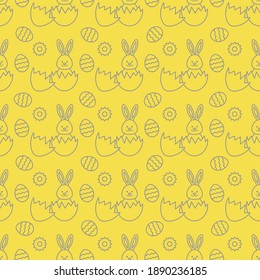 Seamless pattern with Easter Bunny looking out of an egg and decorated eggs. Happy Easter. Festive background. Design for banner, poster or print. Illuminating and Ultimate Gray.