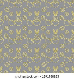 Seamless pattern with Easter Bunny looking out of an egg and decorated eggs. Happy Easter. Festive background. Design for banner, poster or print. Illuminating and Ultimate Gray.