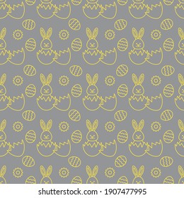 Seamless pattern with Easter Bunny looking out of an egg and decorated eggs. Happy Easter. Festive background. Design for banner, poster or print. Illuminating and Ultimate Gray.